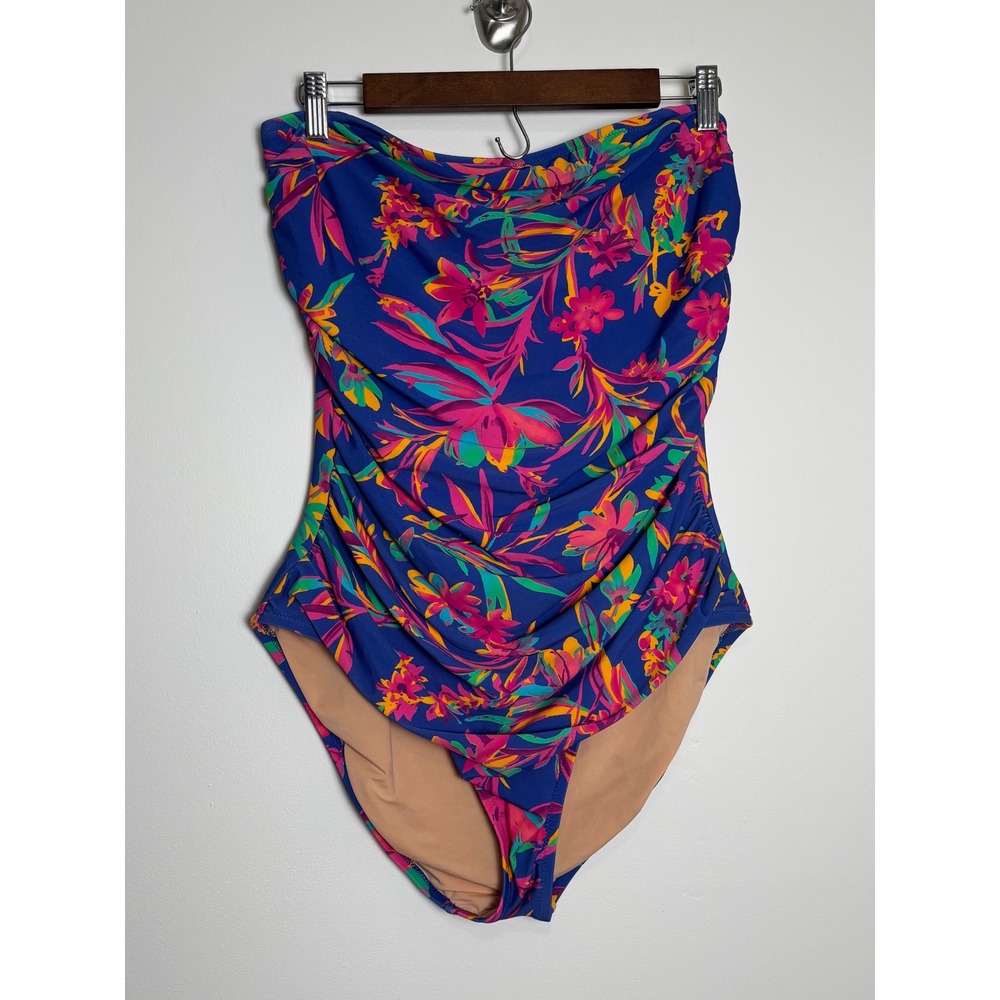 J.Crew Womens One Piece Strapless Swimsuit Large Tropical Floral Ruched Bandeau